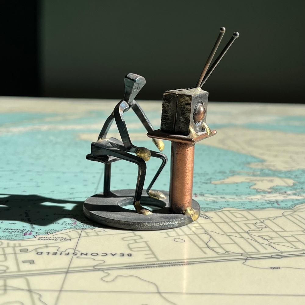 Handmade Metal Assemblage Man Watching TV Mini Sculpture